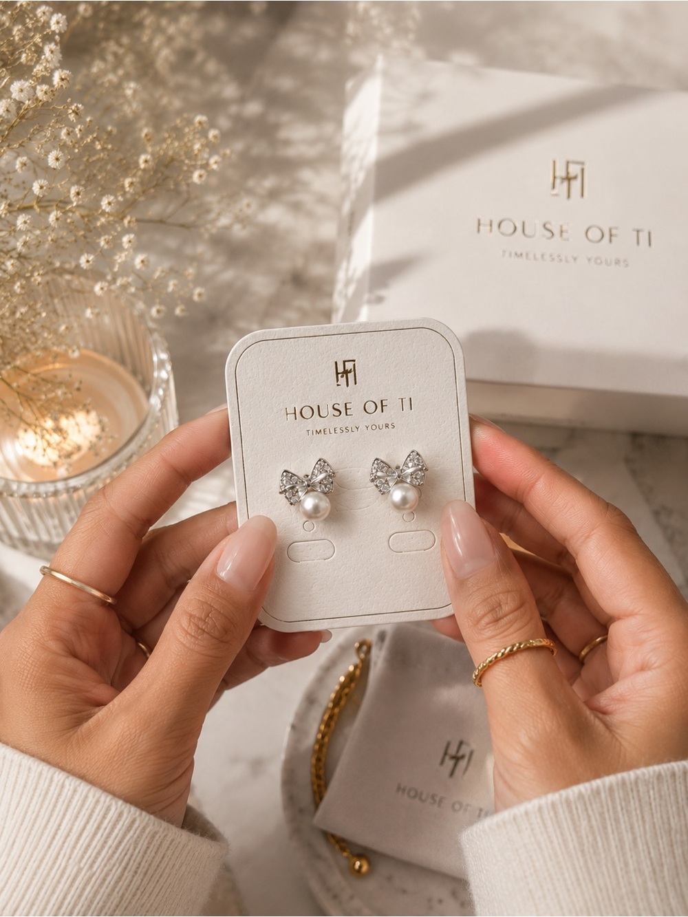 Silver Bow Pearl Stud Earrings - Cream/White
